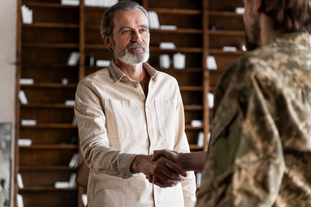 Military man suffering from ptsd having veteran addiction treatment
