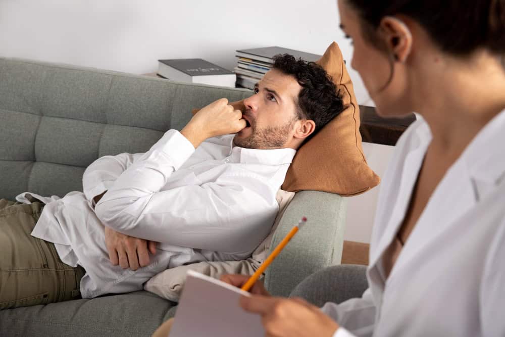 Patient discussing anxiety during dual diagnosis treatment in Grand Rapids counseling session