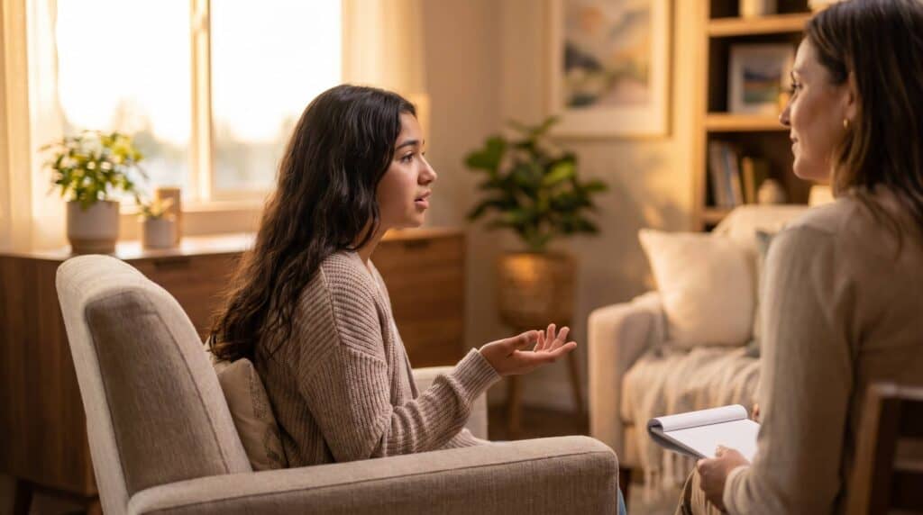 Teen participating in counseling session for anxiety and addiction concerns